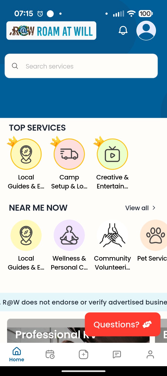R@W home screen showing top services and near me now